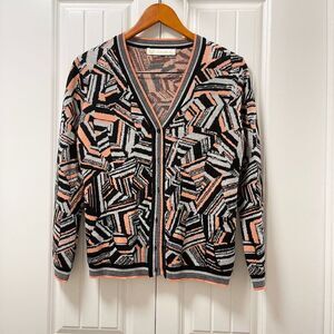 Vintage Camela Merino Wool V-Neck Cardigan Geometric Pink & Black